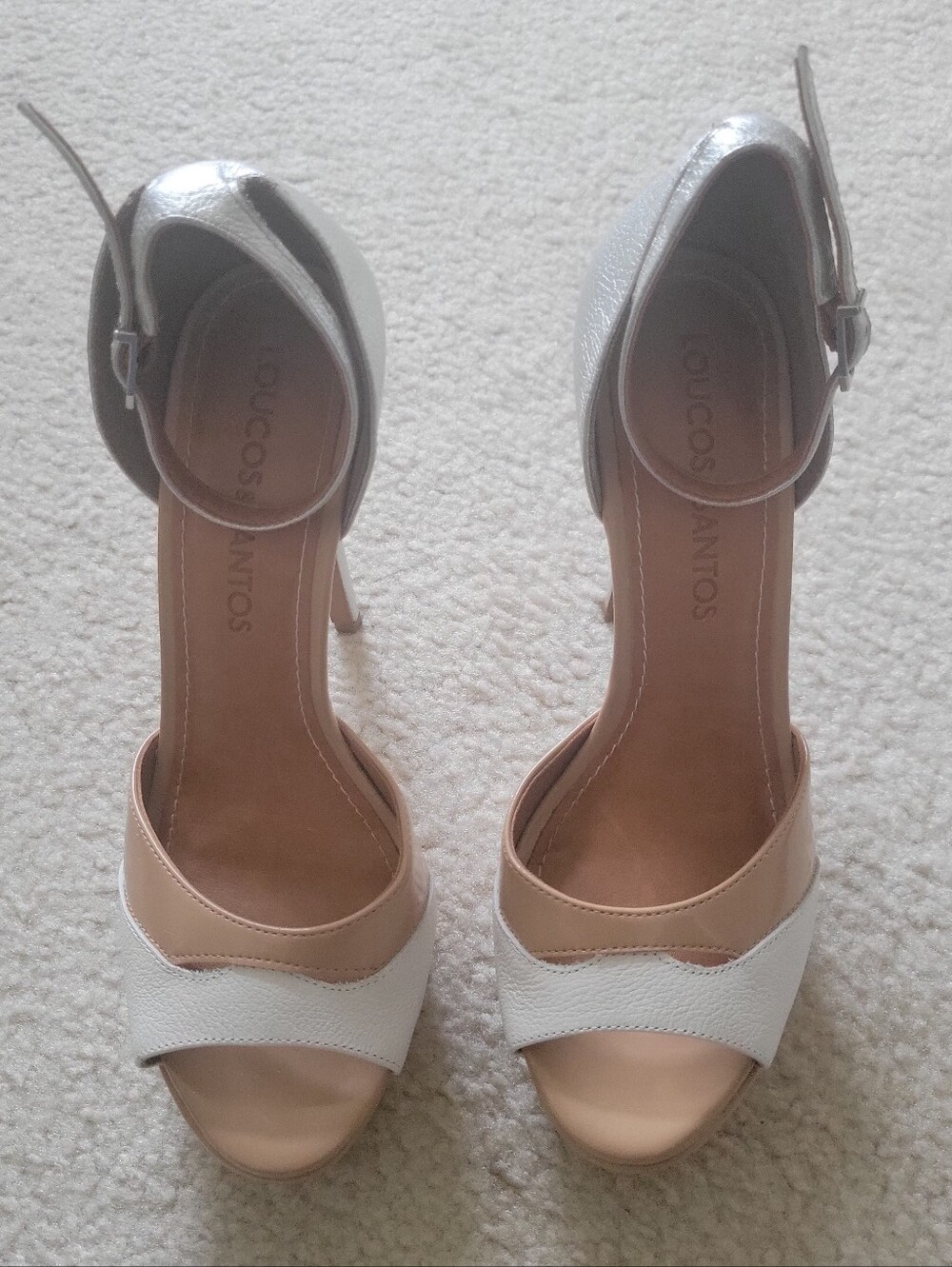 White and Tan Ankle-Strap High Heels